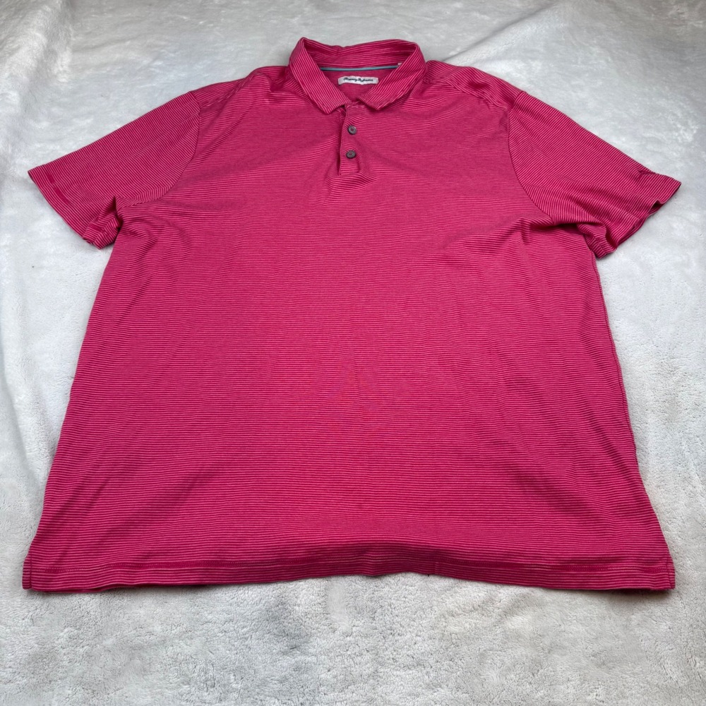 Tommy Bahama XXL Mens Pink Striped Golf Polo Shirt Short‎ Sleeve
